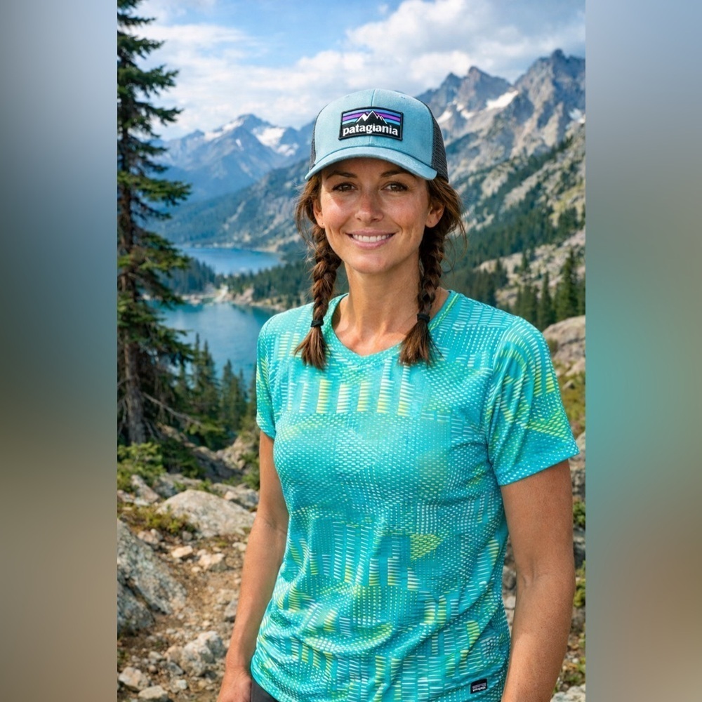 Patagonia Womens Capilene Base Layer Top Sz Small Aqua Blue V-Neck Short Sleeve